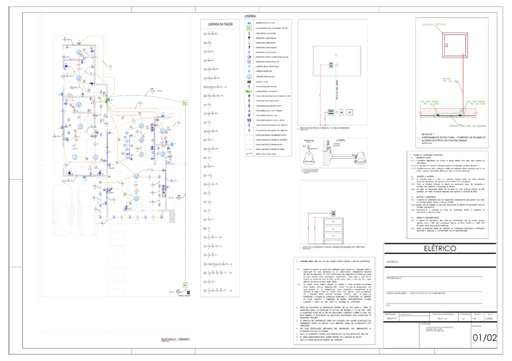 Projeto elétrico de casa residencial térreo, 83,57 m². Contém diagramas unifilares e multifilares, quadros de carga e memorial descritivo.
